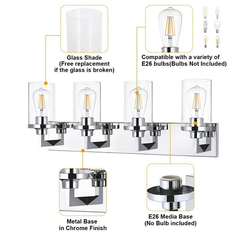 Sleek Chrome Finish Four Light Bathroom Vanity Light Fixture With Clear Glass Shades, Indoor Wall Sconce, hardware details.
