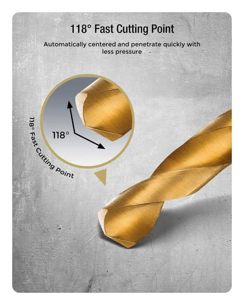 Professional 115 Piece Titanium Coated Drill Bit Set Round Shank with 118° fast cutting point for enhanced drilling.