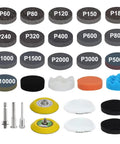 All In One 174 Pcs 3 Inch Sanding Discs Kit With Grit 60 To 10000, pads, shanks, foam sponges, and polishing pads displayed