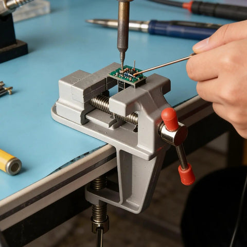 Heavy Duty Cast Iron Bench Vise With 360 Swivel Base gripping a circuit board for soldering on a workbench.