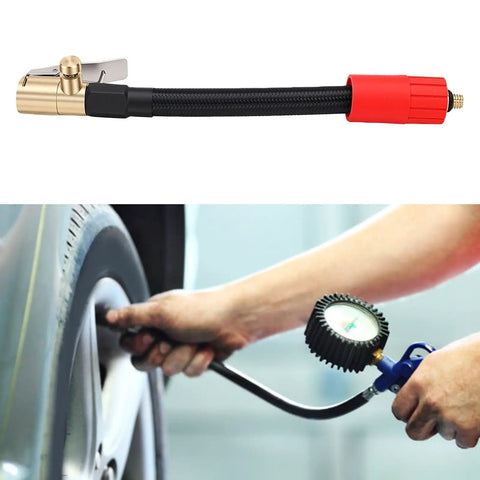 16cm Tire Inflator Extension Tube With Clip On Air Chuck Hose Quick Connect Adapter For Cars Motorcycles Electric Vehicles And Bikes Easy Reach To Hard To Access Valve Stems in use with tire inflator gauge