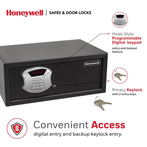 Go-To Hotel Style Safe With Digital Lock 1.14 Cu Ft Low Profile Steel Safe Fits 17 Inch Laptop LED Display Panel shown with keys