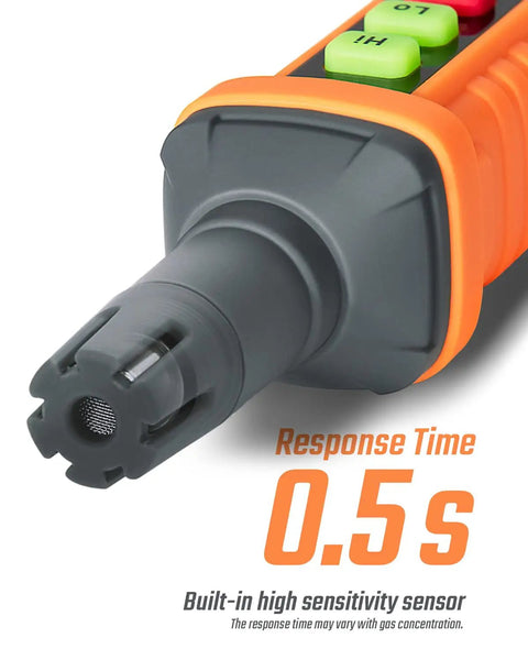 Gas Leak Detector With Dual Sensitivity For Home And RV, Audible And Visual Alarm, sensor close-up, 0.5 sec response time shown.
