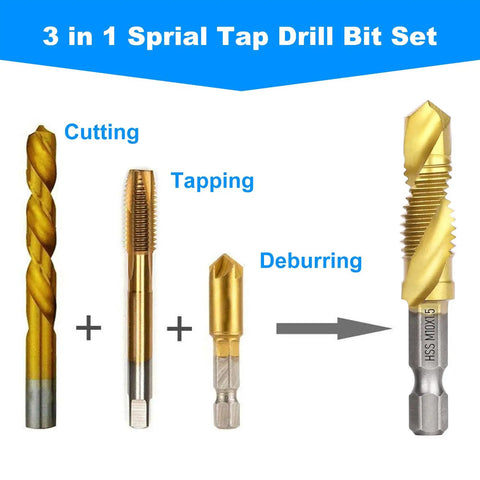 Pro Grade Titanium Plated Drill Tap Set 6 Pack With HSS Taps And Drill Bits, Hex Shank M3 M4 M5 M6 M8 M10 For Metal, Aluminum, Zinc, Plastic - Fast, Precise Threading.