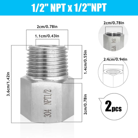 Two Pack One Half Inch NPT Female To One Half Inch NPT Male Reducer Fittings Stainless Steel 304 Water Pipe Adapter diagram