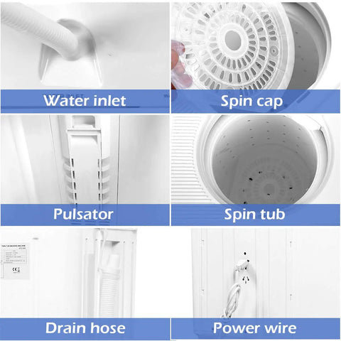 Portable Twin Tub Washing Machine 20 Lbs Compact Washer Spinner Combo parts showing water inlet, pulsator, spin cap, drain hose and power wire.