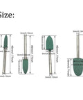 20 Piece Rubber Bullet Head Polishing Burr Set With 4mm 6mm 8mm 10mm Heads Green Cone Point Grinding Bit For Deburring Rust Removal Oxide Layer Stripping And Fine Grinding On Metal And Marble With One Eighth Inch Shank size chart