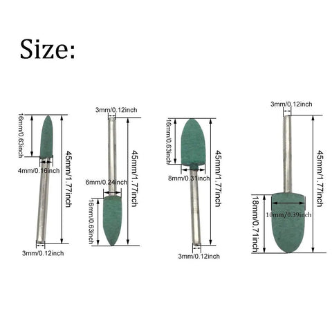 20 Piece Rubber Bullet Head Polishing Burr Set With 4mm 6mm 8mm 10mm Heads Green Cone Point Grinding Bit For Deburring Rust Removal Oxide Layer Stripping And Fine Grinding On Metal And Marble With One Eighth Inch Shank size chart