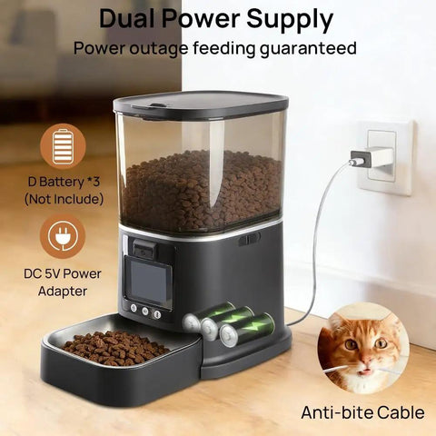 Automatic Cat Feeder With HD Camera And Two Way Video Chat Powered By 5G WiFi For Live Pet Monitoring Plus 5 Liter Food Storage with dual power supply.