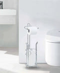 Freestanding Toilet Paper Holder With Storage Holds Three Spare Rolls Heavy Duty Steel Chrome Finish Easy Assembly Space Saving Bathroom Organizer No Fuss Setup beside modern toilet