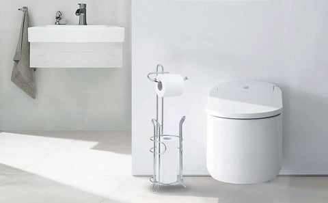 Freestanding Toilet Paper Holder With Storage Holds Three Spare Rolls Heavy Duty Steel Chrome Finish Easy Assembly Space Saving Bathroom Organizer No Fuss Setup beside modern toilet