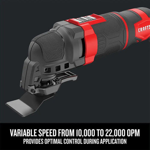Corded Oscillating Tool Kit With 3 Amp Power, side view showing variable speed control from 10,000 to 22,000 OPM