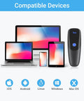 Extreme Performance Wireless 1D 2D QR Barcode Scanner Mini Portable Three In One Bluetooth 2.4G USB Wired Pocket Handheld Time Stamp Reader next to various Apple and Android devices