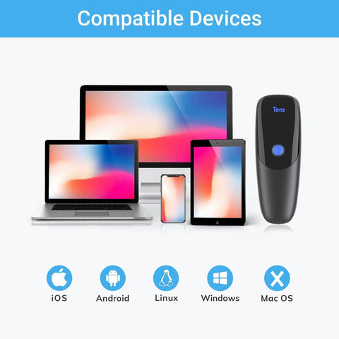 Extreme Performance Wireless 1D 2D QR Barcode Scanner Mini Portable Three In One Bluetooth 2.4G USB Wired Pocket Handheld Time Stamp Reader next to various Apple and Android devices