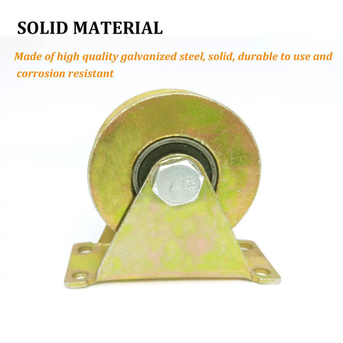 Front view of a Heavy Duty Sliding Gate Wheel With 3 Inch Track Roller Built To Handle Heavy Gates Galvanized Steel Groove Wheel For Outdoor Use Anti Corrosion Coating Up To 1102 Lbs Load Capacity Fits 0.87 Inch Slot Width And 3.11 Inch Wheel Diameter