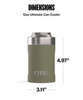 Heavy Duty 12 Oz Can Cooler With Tight Seal Lid Double Wall Vacuum Insulated Stainless Steel Chiller Keeps Beer And Soda Bangin Cold Zero Sweat Build Olive, dimensions shown.