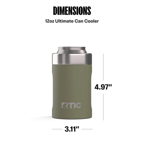 Heavy Duty 12 Oz Can Cooler With Tight Seal Lid Double Wall Vacuum Insulated Stainless Steel Chiller Keeps Beer And Soda Bangin Cold Zero Sweat Build Olive, dimensions shown.