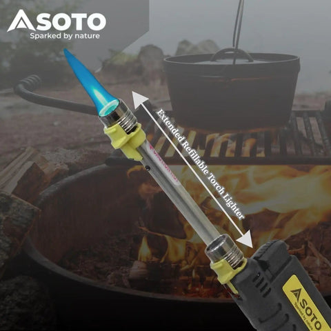 Extended Refillable Pocket Torch Lighter For Camping With Telescoping Burner Head And Electronic Ignition Wind Resistant Butane Torch Great For Candles Grills BBQ And Outdoor Cooking Shipped Empty in use next to a campfire and pot.