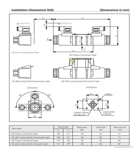 Technical diagram of Heavy Duty Hydraulic Solenoid Directional Valve 4WE6E61B CG24N9Z5L Electromagnetic Reversing Valve Control For Industrial Machinery And Fluid Power Systems, showing installation dimensions and connection types.