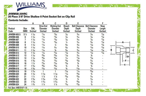 Specification sheet for 20-Piece Three Eighth Inch Drive Metric Shallow 6 Point Socket Set With SUPERTORQUE Lobular Openings