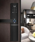 Knockout Biometric Fingerprint Door Lock With Slick Touch Screen Passcode Keyless Entry Crafted From Durable Stainless Steel Gray Body Smooth Operation on a home door.