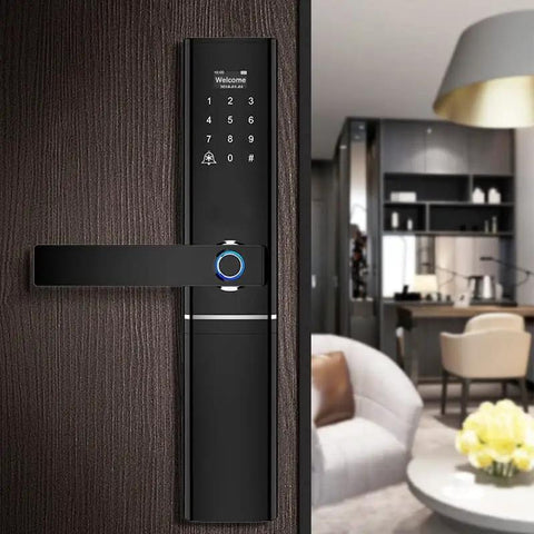 Knockout Biometric Fingerprint Door Lock With Slick Touch Screen Passcode Keyless Entry Crafted From Durable Stainless Steel Gray Body Smooth Operation on a home door.