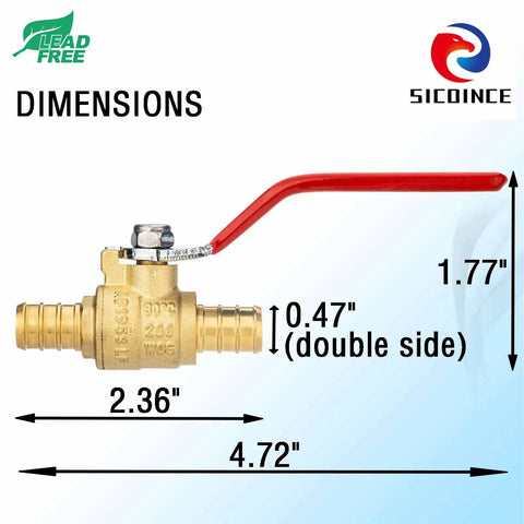 10 Pack PEX Shut Off Valve 1/2 Inch Ball Valve For PEX Pipe Crimp F1807 with dimensions shown, lead-free brass