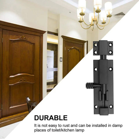 Heavy Duty Adjustable Sliding Latch Lock With Rust Proof Powder Coat Finish For Patio Gates And Yard Security Plus Tough As Nails Aluminum Build And Hella Secure Grip Perfect For Quick Weekend Repairs shown on a door background.
