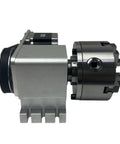 Side view of Heavy Duty 4th Axis Rotary Table With Nema34 86 Stepper Motor And Four Jaw Chuck, metallic design, precision CNC milling.