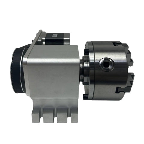 Side view of Heavy Duty 4th Axis Rotary Table With Nema34 86 Stepper Motor And Four Jaw Chuck, metallic design, precision CNC milling.