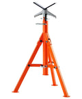 Front view of orange steel pipe stand with adjustable height, V-head, and folding tripod legs.