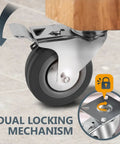 Close-up of a 3 Inch Swivel Caster Wheel with Dual Locking Brakes and Rubber Tread attached to furniture. Heavy Duty Plate Casters.