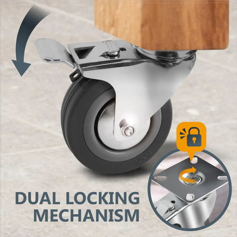 Close-up of a 3 Inch Swivel Caster Wheel with Dual Locking Brakes and Rubber Tread attached to furniture. Heavy Duty Plate Casters.