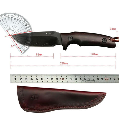 Fixed Blade Knife With Rosewood Handle And Leather Sheath For Outdoor Use VG10 Steel Blade 3.74 Inch Cutting Edge with ruler
