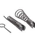 Heavy Duty Six Piece Drain Auger Kit mounts to standard electric drill with metal coil springs and tools for clog removal.