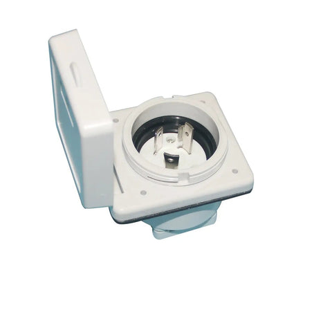 Direct Fit 30 Amp RV Power Inlet Twist Lock L5 30P Replacement with stainless steel pins and weatherproof cover, open view