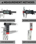 Six Inch Digital Caliper With Stainless Steel Body, Pro Grade Precision Micrometer for 4 measurement methods on display