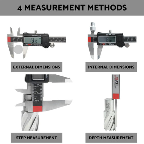 Six Inch Digital Caliper With Stainless Steel Body, Pro Grade Precision Micrometer for 4 measurement methods on display