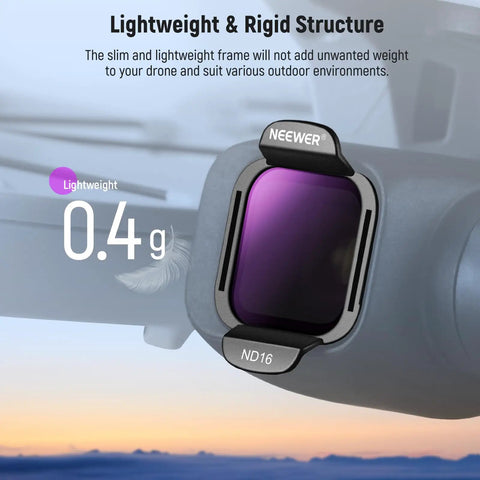 Close-up of ND16 filter from Drone ND Filter Set For DJI Flip And Lito X1 Drones Snap On Multicoated HD ND8 ND16 ND32 ND64 ND256 Plus CPL Polarizer Lens Filters Kit For Ultra Smooth Aerial Photos And Cinematic Video, showing lightweight design at 0.4g.