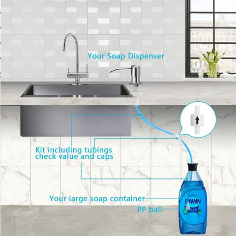 Diagram of Brushed Nickel Kitchen Soap Dispenser with 47 Inch Silicone Extension Tube Direct Fill Design No Hassle Refills Easy Countertop Install