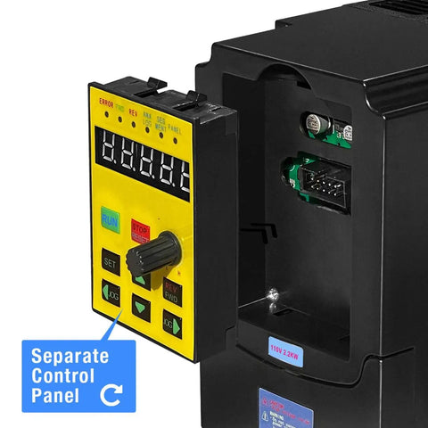 Close-up of 2.2KW 3HP 110V Variable Frequency Drive Inverter Controller with vector control and separate control panel for CNC motors.