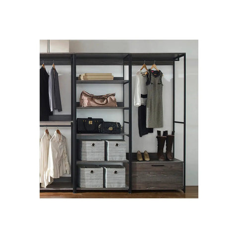 Modern Walk In Closet Organizer System With Wood And Metal Frame Featuring Weathered Panels And Straight Up Solid Build For Super Roomy Wardrobe Storage And Easy Peasy Closet Organizing