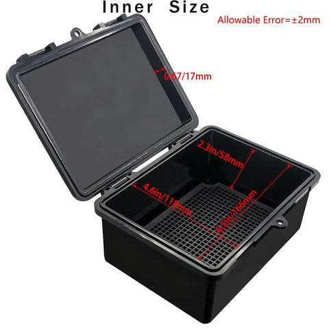 Heavy Duty Waterproof Electrical Junction Box With Hinged Lid Rock Solid Ip67 Abs Project Enclosure Wall Mount Bracket Included Loads Of Room For Circuit Parts And Tech Gear Tough Outdoor Housing Measuring 7 1 X 5 1 Inches inner size details with measurements in a rugged ABS enclosure.