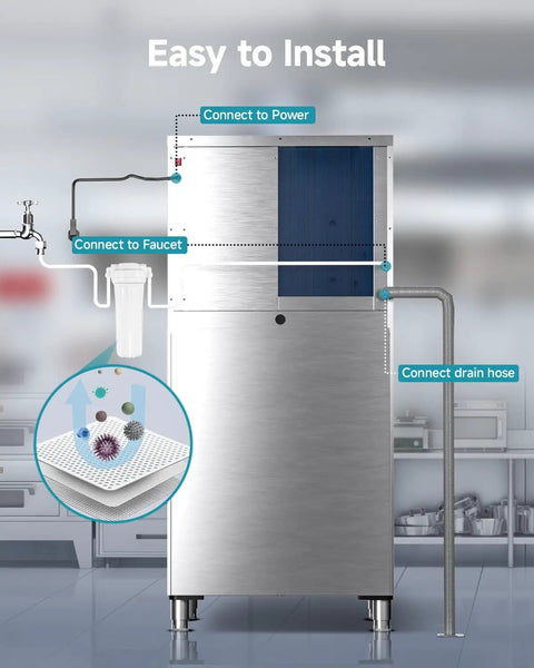 Heavy Duty Commercial Ice Maker Machine 800 Lbs Per Day With 300 Lbs Storage Bin Stainless Steel shown with installation guide