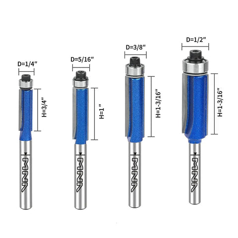 Pro Grade Top Bearing Flush Trim Router Bit Set Of 4 With 1/4 Inch Shank Cut To Heights Of 1/4, 5/16, 3/8 And 1/2 Inch