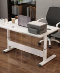 Adjustable Height Standing Desk With Slick Hand Crank, Ergonomic Beige Office Table featuring a laptop and printer.