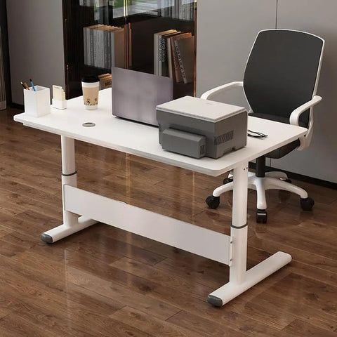 Adjustable Height Standing Desk With Slick Hand Crank, Ergonomic Beige Office Table featuring a laptop and printer.