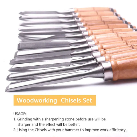 Close-up of 12 Piece Wood Carving Chisel Set With Roll Up Bag And Box Pro Woodworking Gouge Tools For Carpenters And Craftsmen