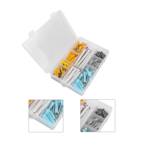DIY Friendly Self Tapping Screw Kit With Anchors, 200 Pieces, 10 Sizes And 4 Colors in open plastic storage case
