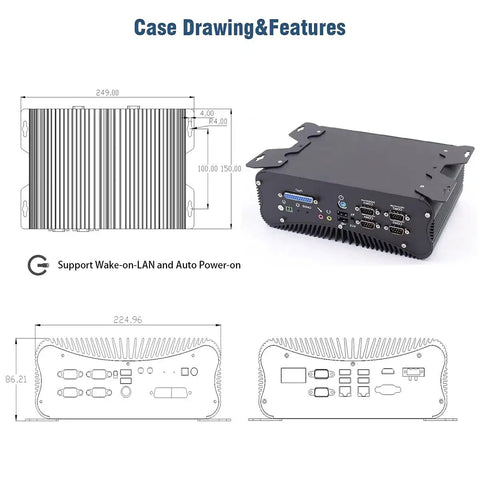 Case drawing features of Workhorse Mini Desktop Pc Powered By Intel Core I7 8550U, measuring detailed dimensions.